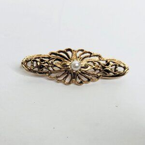 Vintage Brooch Gold Tone Faux Pearl Victorian Revival Bar Brooch Jewelry - VTG
